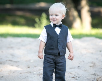 Toddler boy charcoal gray outfit, Baby boy linen vest+pants+shirt+bow tie, Page boy outfit, wedding ring bearer suit, many color trousers