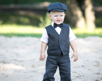 Coal gray baby boy outfit, Boy natural linen suit, Toddler newsboy hat+vest+pants+bow tie+shirt, Ring bearer outfit many color