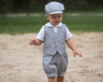 Gray page boy outfits for weddings Baby boy linen vest romper hat Victorian infant suit Boy formal outfit