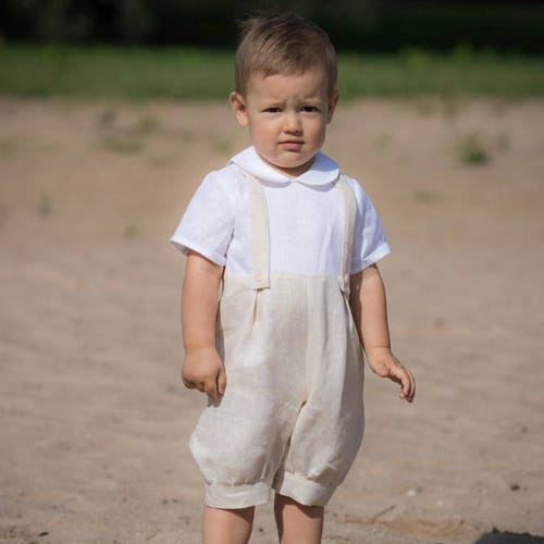 Baby Boy Ivory Romper Baptism Jumpsuit Boy Linen Dungarees - Etsy