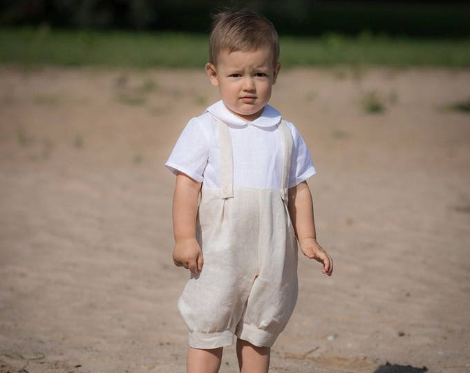 Baby Boy Ivory Romper Baptism Jumpsuit Boy Linen Dungarees Etsy