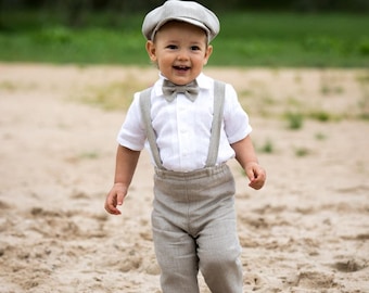 Baby boy wedding suit Ring bearer newsboy outfit Baby boy linen suit Pants Suspenders Newsboy hat Boy natural color suit