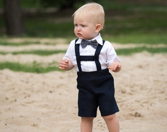 Baby boy dark blue linen suit, Boy shirt shorts suspenders bow tie, page boy outfit, infant inkwell blue shorts suit