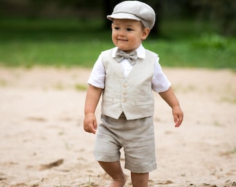 Baby boy natural linen vest shorts shirt newsboy hat, Toddler boy tan suit, Newsboy ring bearer outfit, rustic page boy suit, baptism outfit