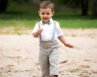 Baby boy suspenders outfit, Rustic wedding baby boy outfit, boy natural linen suit, page boy suit, Toddler pants, suspenders, shirt, bow tie