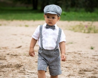 Baby Boy Gray Linen Outfit: Newsboy Hat, Bow Tie, Shorts, Suspenders & Shirt (18-24 Months)
