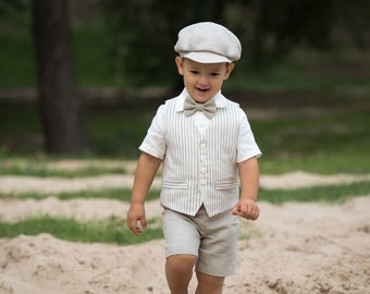 Toddler boy tan outfit, Baby boy natural linen suit, Page boy rustic outfit, Vest Shirt Shorts Newsboy hat Bow tie