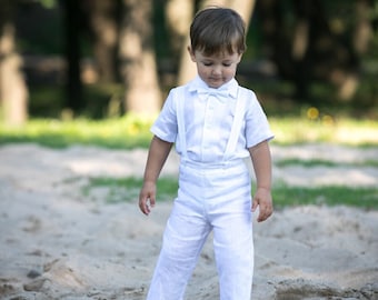 Baptism suit size 12 - 18 month, Baby boy white linen outfit, Infant boy white pants+shirt+suspenders+bow tie, ring bearer white suit