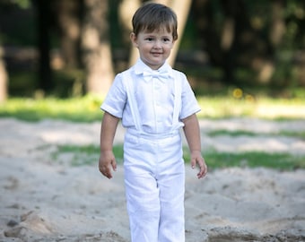 Baby boy white linen outfit, Baptism outfit, Toddler boy white pants suspenders shirt bow tie, Boy suspenders suit, Baby ring bearer outfit