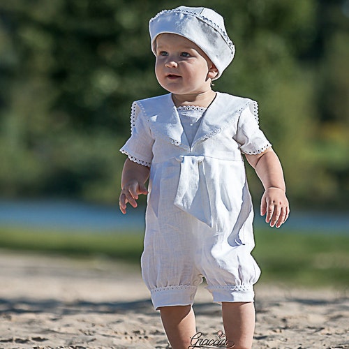 Baby boy white romper hat Baptism outfit Infant sailor suit Toddler