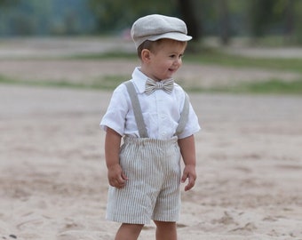 Boy tan shorts with suspenders, newsboy cap and bow tie, Rustic page boy outfit, Ring bearer suit, baby boy natural linen outfit retro style