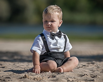 Baby boy black linen suit, Toddler black suspenders shorts outfit, Boy black linen shorts suspenders white shirt, wedding ring bearer suit