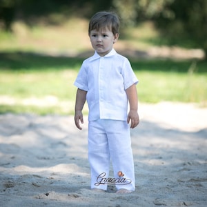 Boy white linen pants and shirt Toddler boy trousers outfit Baby boy christening suit Baptism outfit Beach wedding boy natural clothes