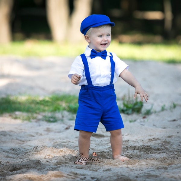 Page boy royal blue outfit, Baby boy linen suit, Ring bearer shorts set, toddler newsboy hat shorts suspenders bow tie shirt