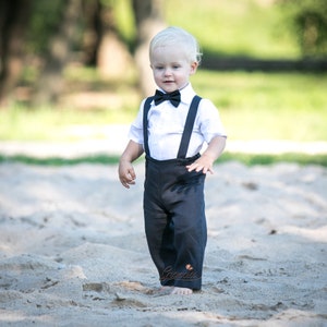 Baby Boy Charcoal Linen Outfit: Pants, Suspenders, Bow Tie & White Shirt