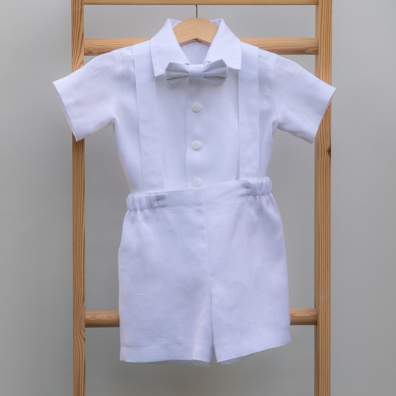 Baby Boy White Shorts With Suspenders Suit Toddler Linen Etsy
