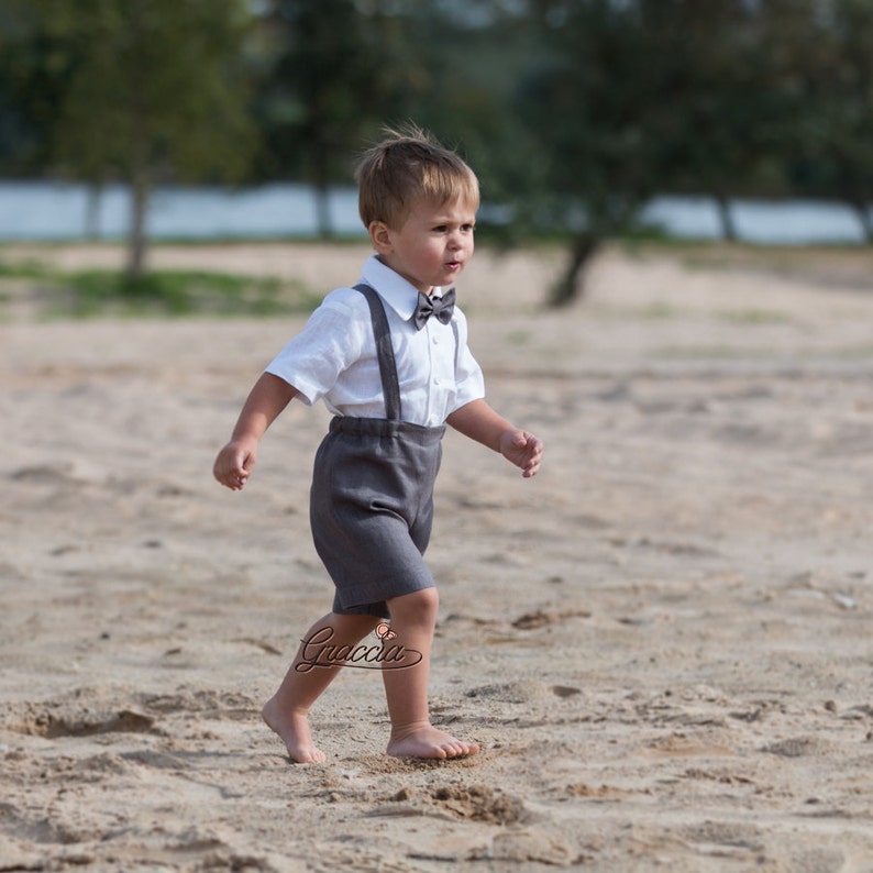 Gray ring bearer outfit Baby boy shorts suspenders suit 1st Etsy