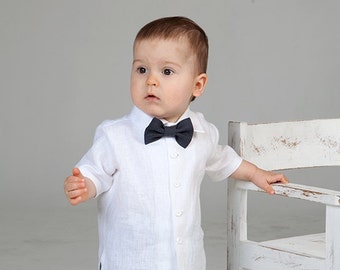 Baby boy linen shirt bow tie Ring bearer white shirt Baby boy wedding shirt Baptism shirt Rustic wedding boy shirt many colors bow tie