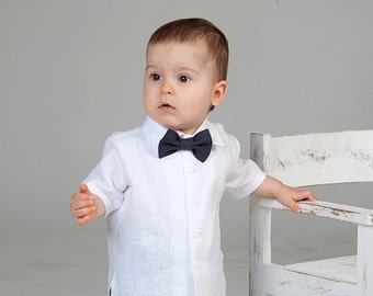 Baby boy white linen shirt Many colors bow tie Boy white shirt Toddler clothes Ring bearer outfit Sustainable apparel