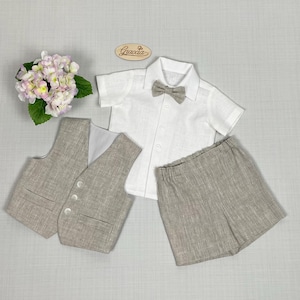 Baby boy formal suit Toddler boy ring bearer wedding outfit Infant boy natural linen clothes Page boy outfit Boy vest shorts shirt bow tie