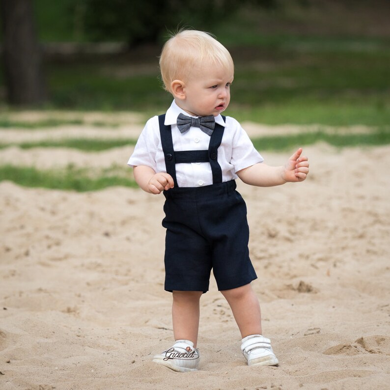 Baby Boy Navy Blue Suit Boy Shirtshortssuspenders Bow Tie Etsy