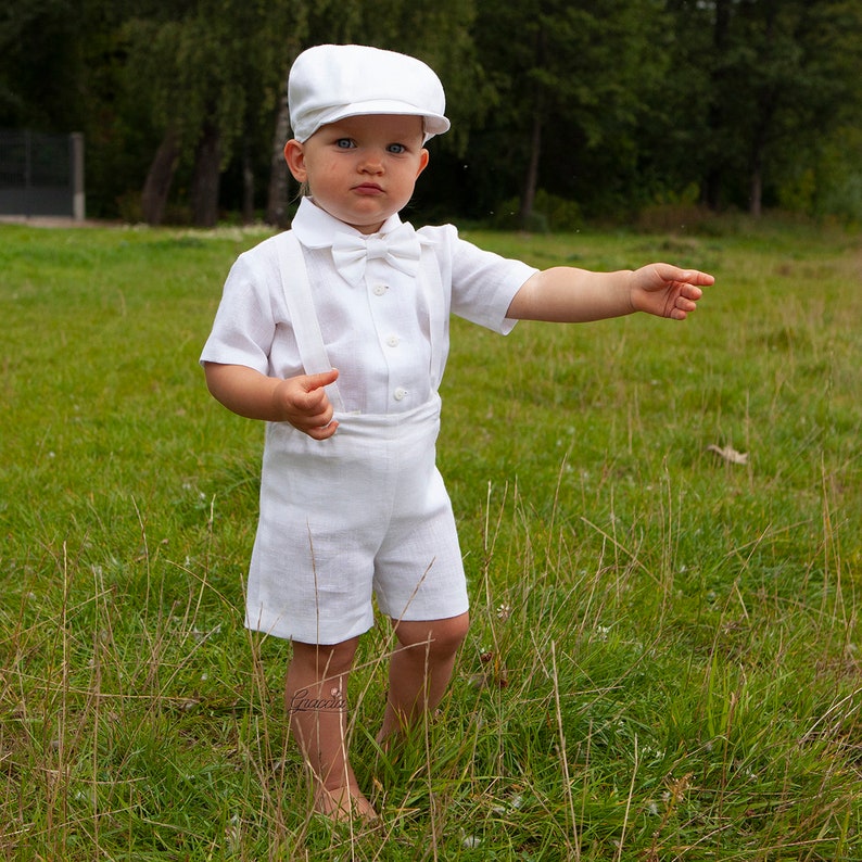 White newsboy outfit Baby boy suspenders suit Page boy white linen suit Baptism outfit Christening suit Toddler newsboy hat shirt shorts image 3