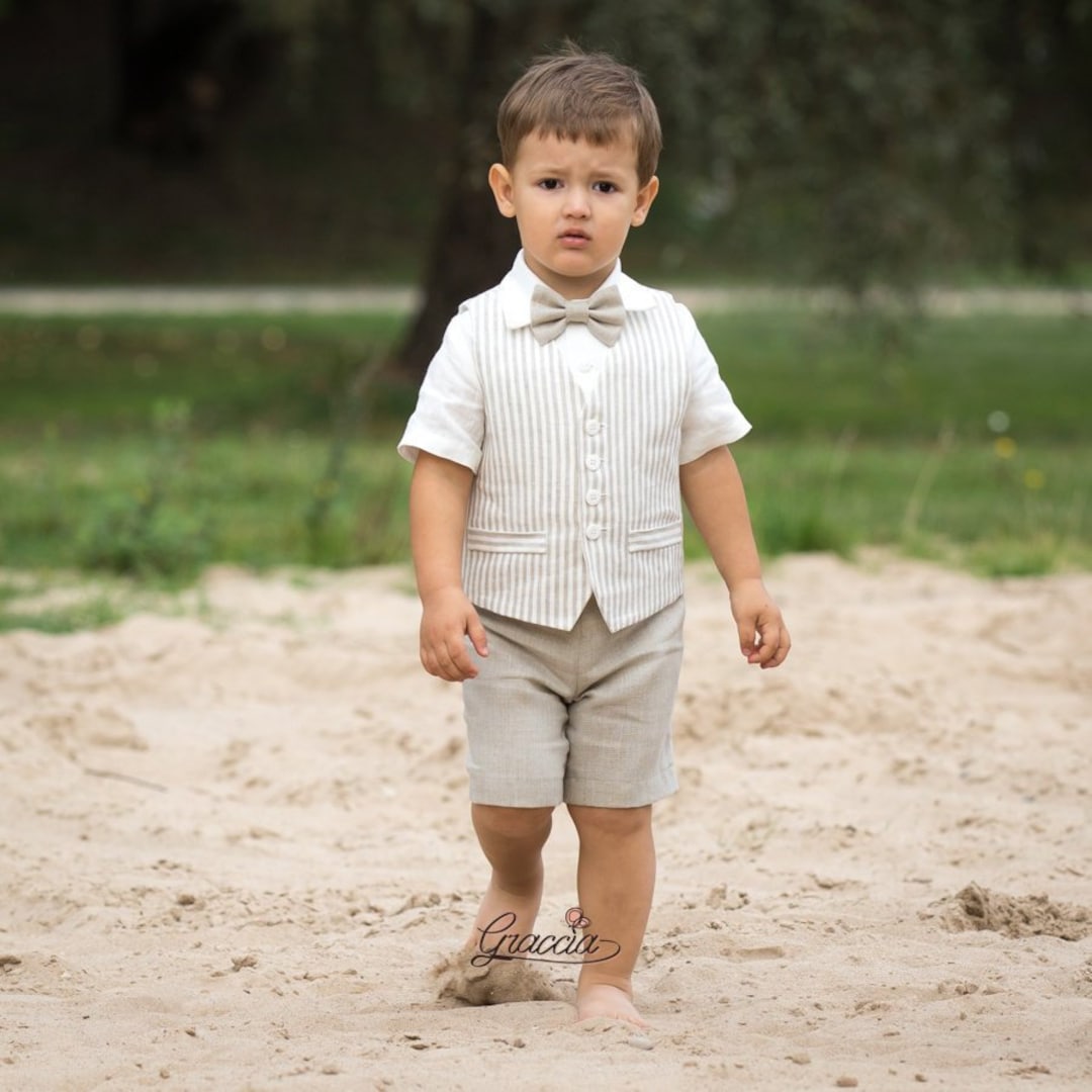 Baby Boy Natural Linen Suit Toddler Boy Tan Shorts Vest Etsy