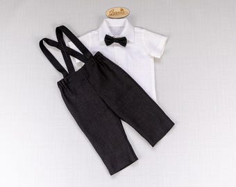 Baby Boy Linen Outfit: Black Pants, Suspenders, Bow Tie, White Shirt - Formal Set
