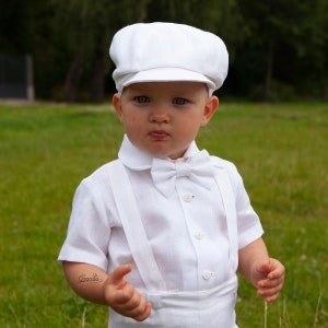 White newsboy outfit Baby boy suspenders suit Page boy white linen suit Baptism outfit Christening suit Toddler newsboy hat shirt shorts image 4