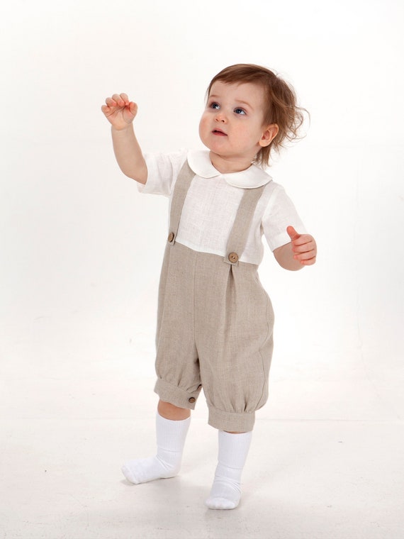 Baby Boy Linen Romper With Suspenders: Rustic Baptism Outfit