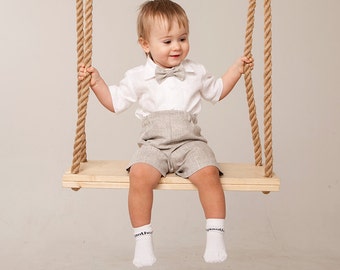 Baby boy tan linen shorts+shirt+bow tie, Toddler boy rustic suit, Page boy outfit, ring bearer outfits, natural linen