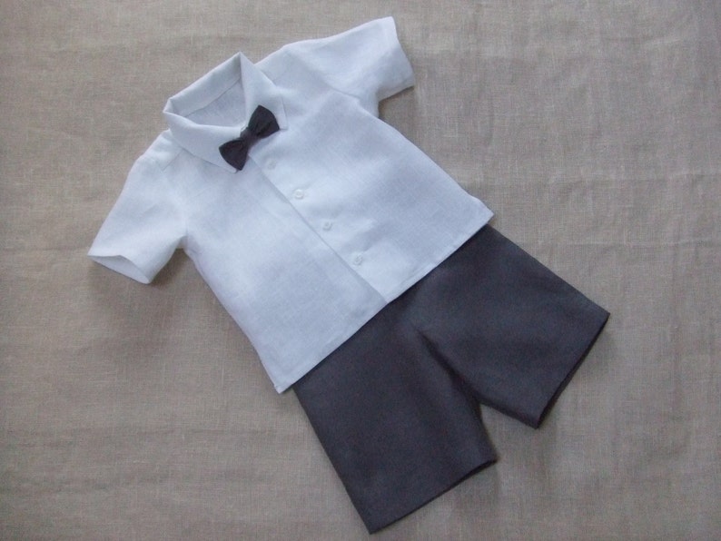 Toddler boy gray shorts and bow tie, White shirt, Baby boy linen suit, Ring bearer outfits, many color clothes image 4