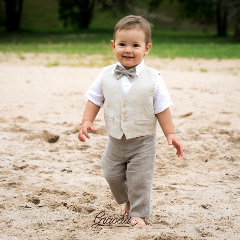 Baby boy linen suit Ring bearer outfit Boy baptism natural clothes 1st birthday outfit Rustic wedding boy outfit Boy formal vest pants shirt