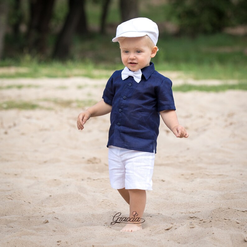 Page boy outfit Baby boy linen suit Toddler navy blue shirt Etsy