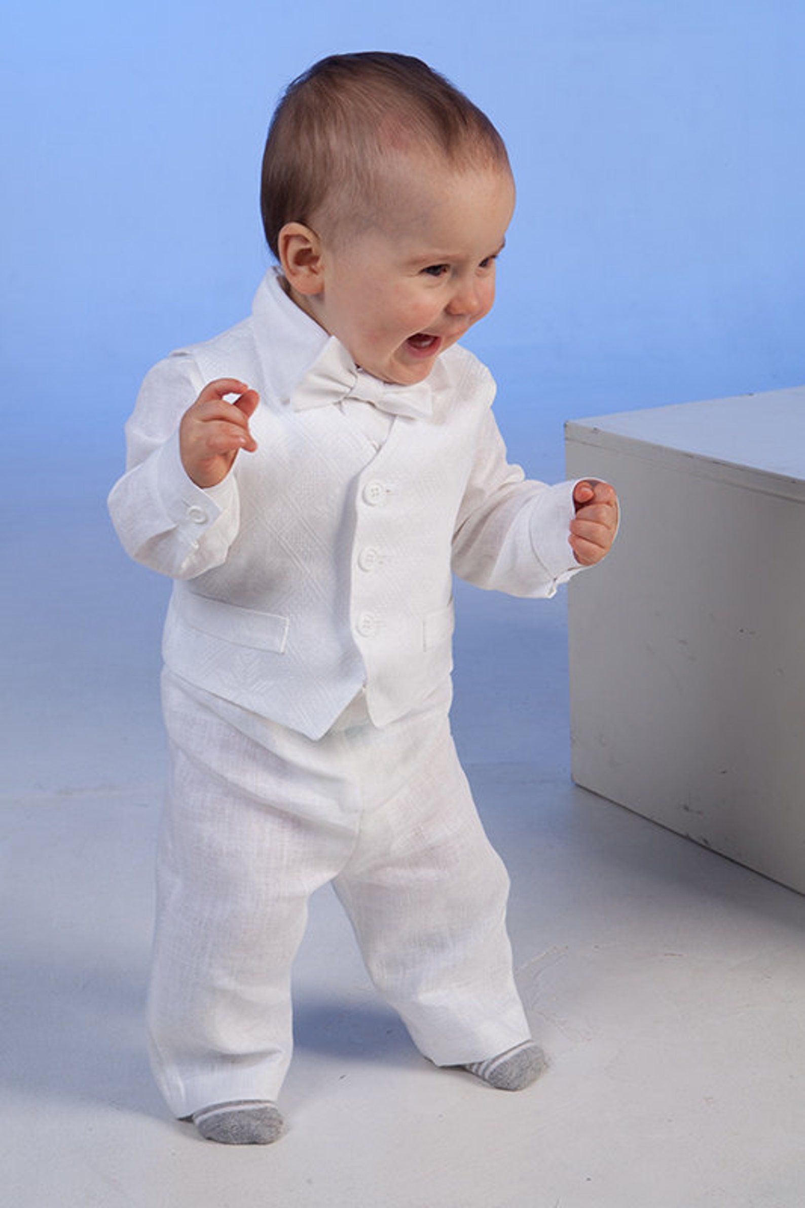 Baby Boy White Linen Vest Pants Shirt Bow Tie Baptism Outfit Etsy