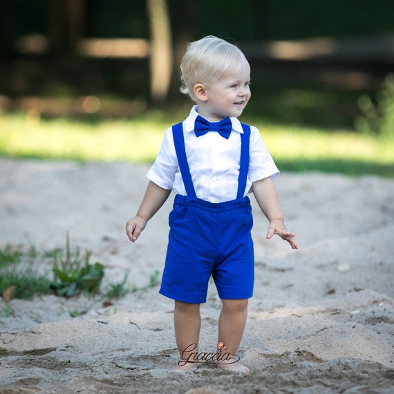 Costume en lin bleu royal bébé garçon, short garçon enfant en bas âge  bretelles noeud papillon chemise, tenue de porteur de bague de mariage bleu  royal, costume garçon page bleu royal 