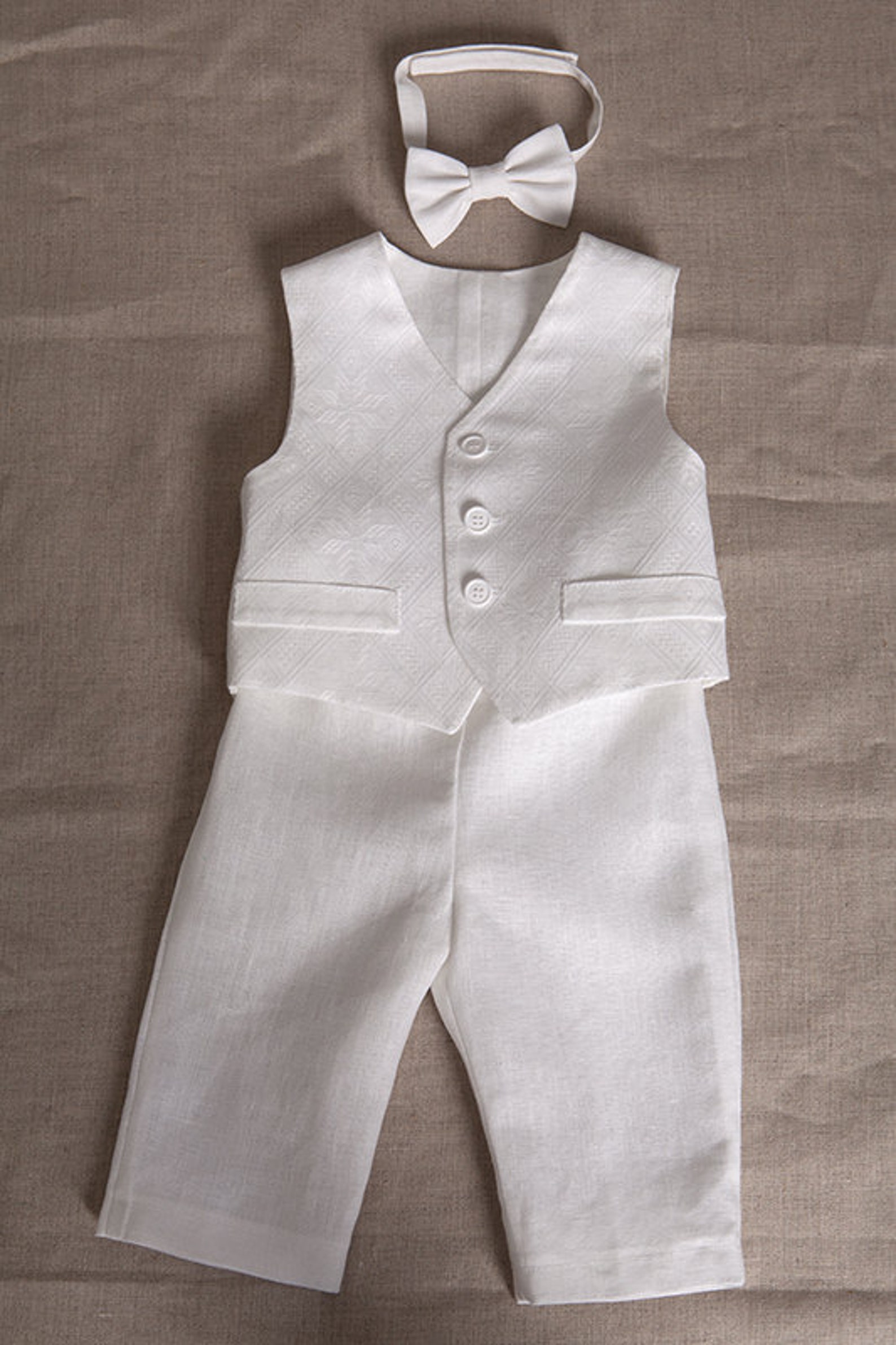 Baby Boy White Linen Vest Pants Shirt Bow Tie Baptism Outfit Etsy