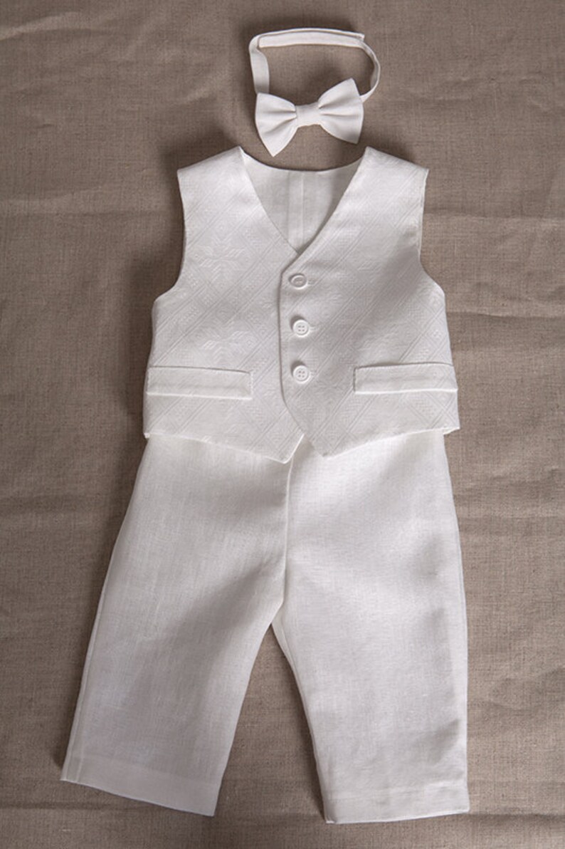 Baby Boy White Linen Vest Pants Shirt Bow Tie Baptism Outfit Etsy
