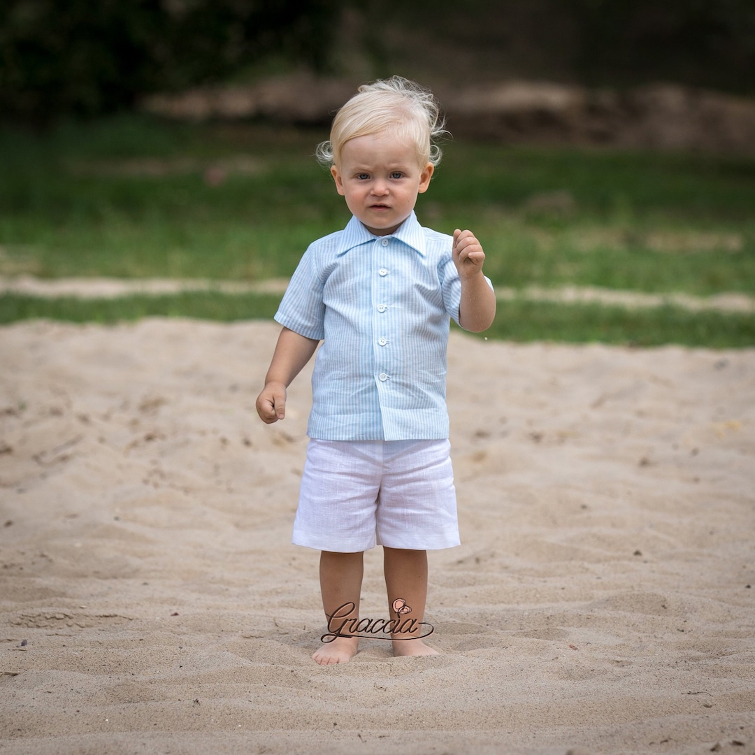 Baby Boy Linen Suit Toddler Boy White Shorts Light Blue Shirt Etsy