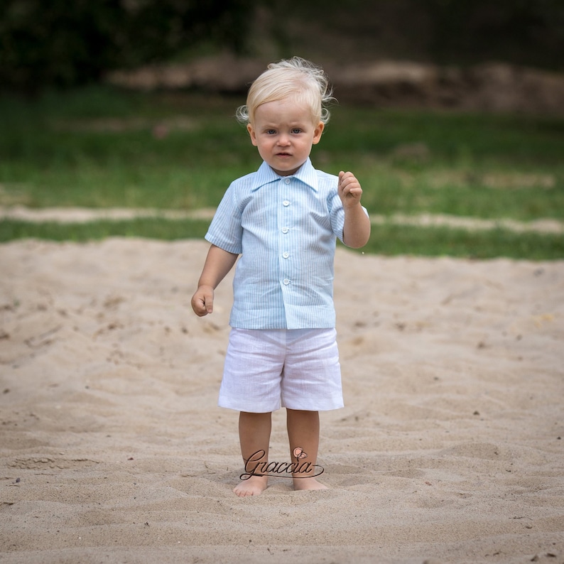 White Linen Shorts Light Blue Stripe Shirt Ring Bearer Outfit Etsy