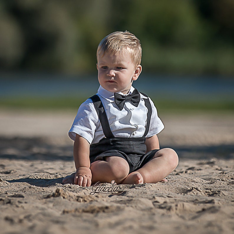 Baby Boy Black Linen Suit Toddler Black Suspenders Shorts Etsy