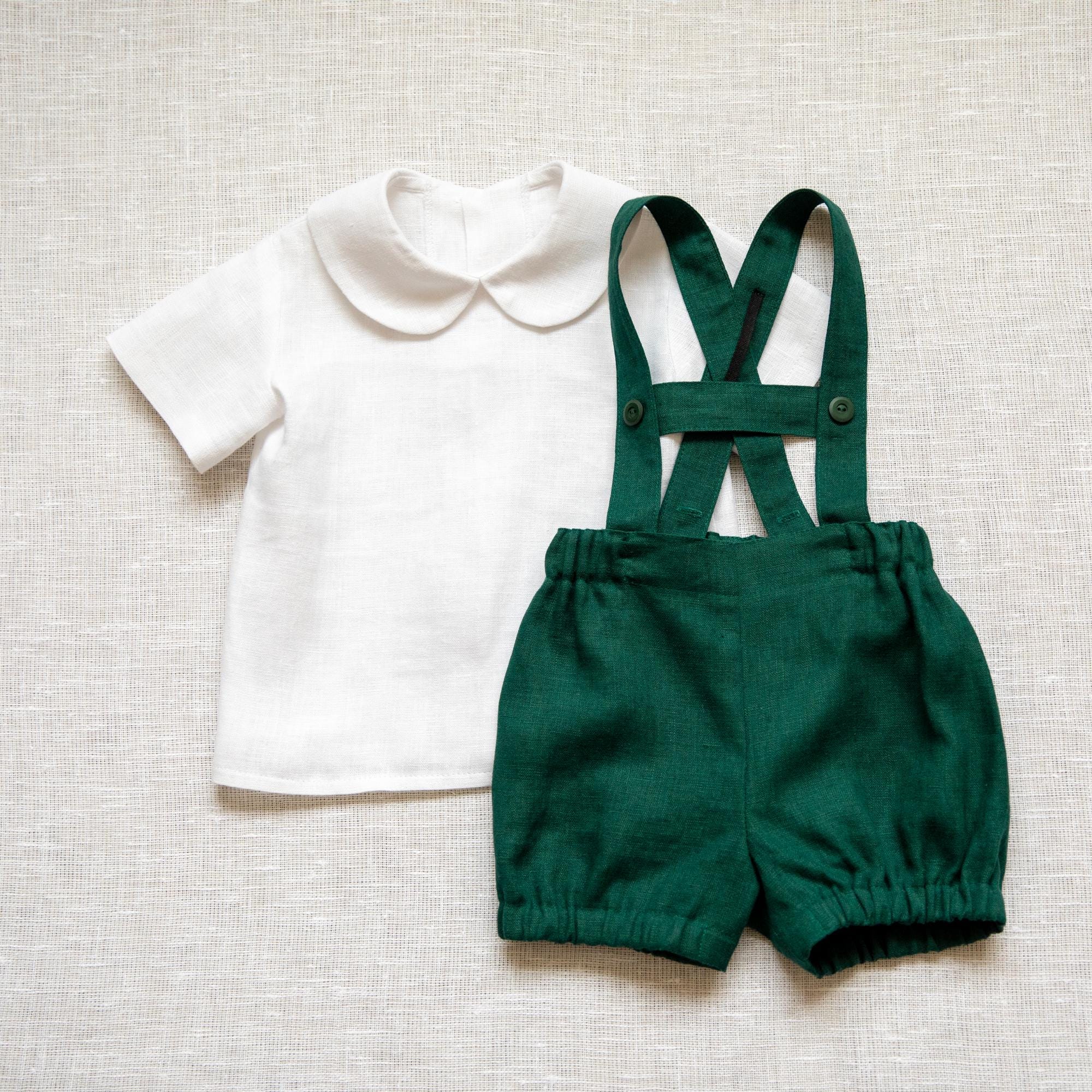 Toddler Green Linen Outfit, Baby Boy Bloomers Shorts with Suspenders Suit