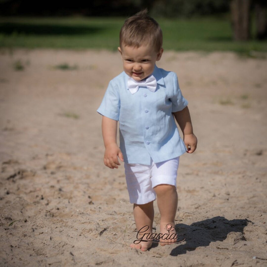Baby Boy Linen Outfit, Baptism Suit, Toddler Boy Blue Shirt White