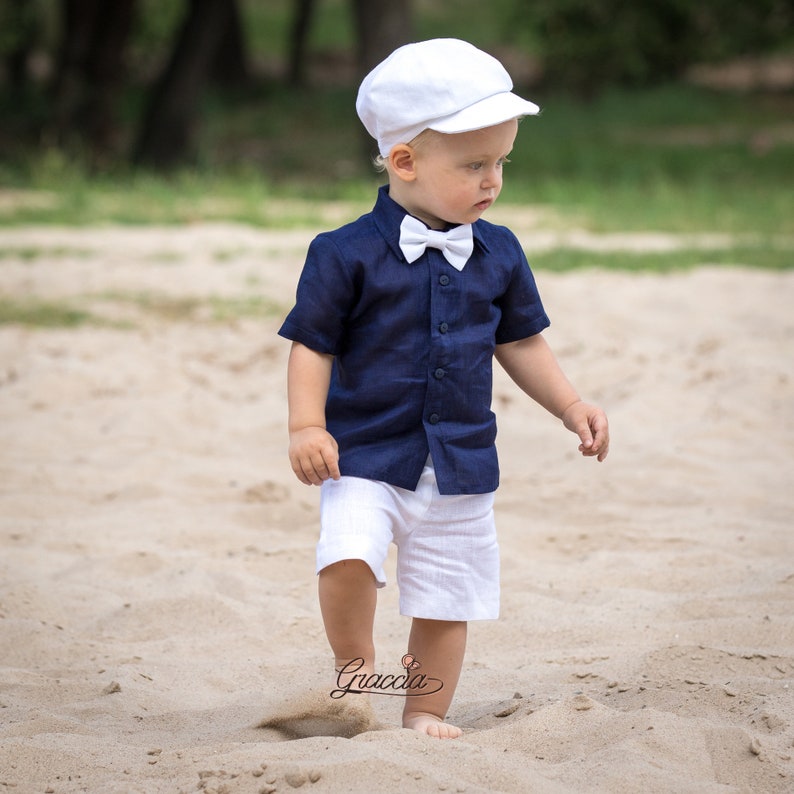 Baby boy linen suit Navy blue shirt White shorts hat bow tie Etsy