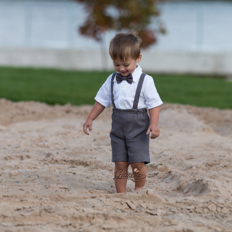 Gray ring bearer outfit Baby boy shorts suspenders suit 1st Etsy