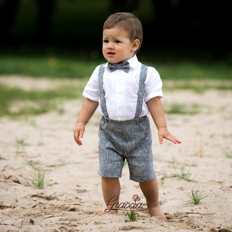 Toddler Boy Gray Linen Shorts Suspenders Bow Tie White Shirt Etsy