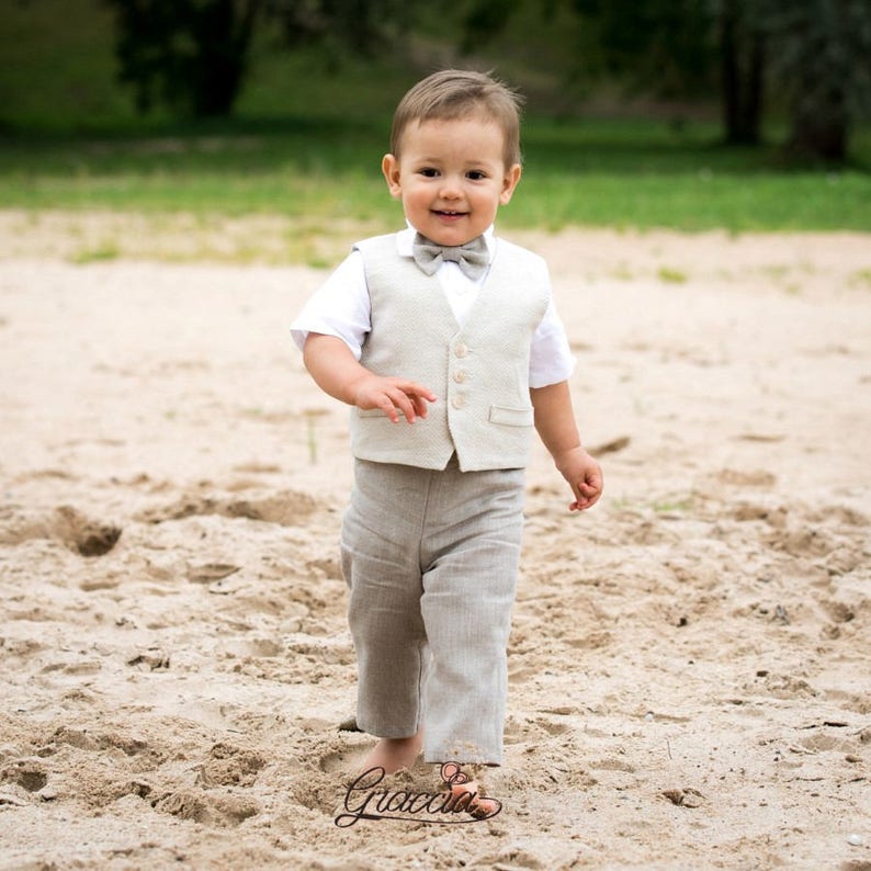 Baby boy linen suit Ring bearer outfit Boy baptism natural clothes 1st birthday outfit Rustic wedding boy outfit Boy formal vest pants shirt
