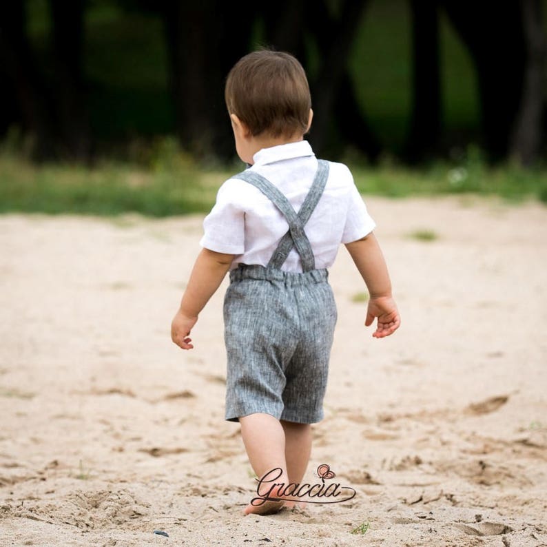 Gray ring bearer outfit Baby boy suspenders suit Toddler linen Etsy