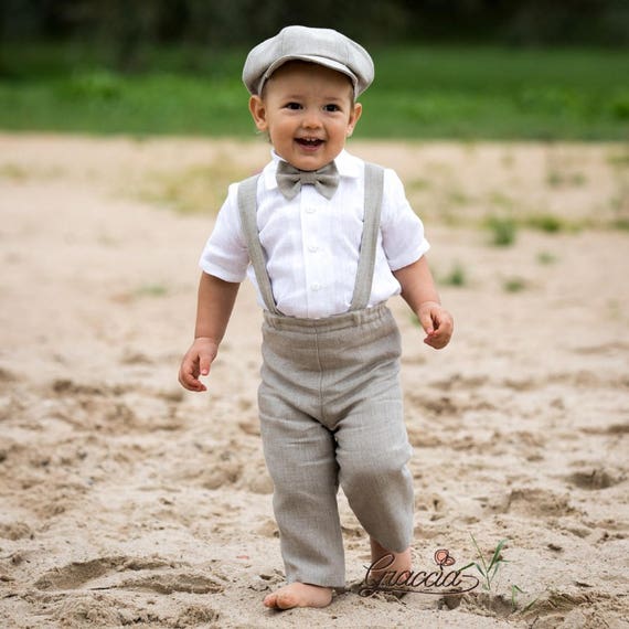 Costume de mariage bébé garçon anneau porteur gavroche tenue bébé garçon  costume en lin pantalon bretelles gavroche chapeau garçon costume de  couleur naturelle -  France