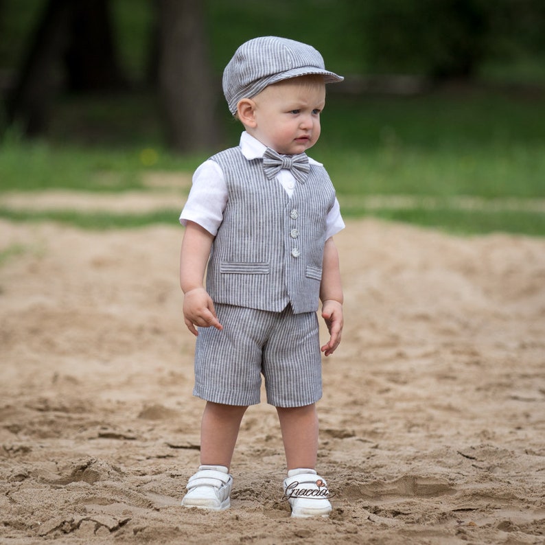 Baby Boy Gray Linen Suit Newsboy Ring Bearer Outfit Toddler Etsy